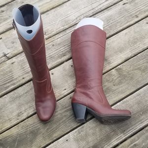 Born BOC Stussy Tall Whisky Brown Leather Zippered Stack Heeled Tall Boots